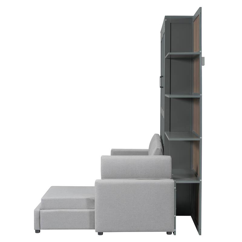 Linen L-shaped Sectional Sofa & Queen Size Foldable Wall Murphy Bed Set with Open Shelves for Guest Room or Living Space