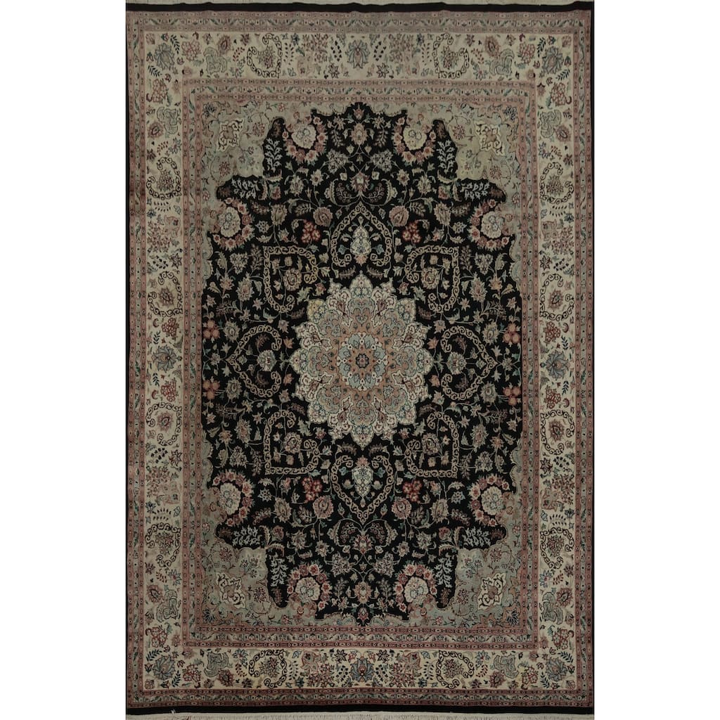 Hand Knotted Oriental 100% Wool Carpet Traditional Floral Black Tabriz Area Rug - 10' 5'' X 7' 10''