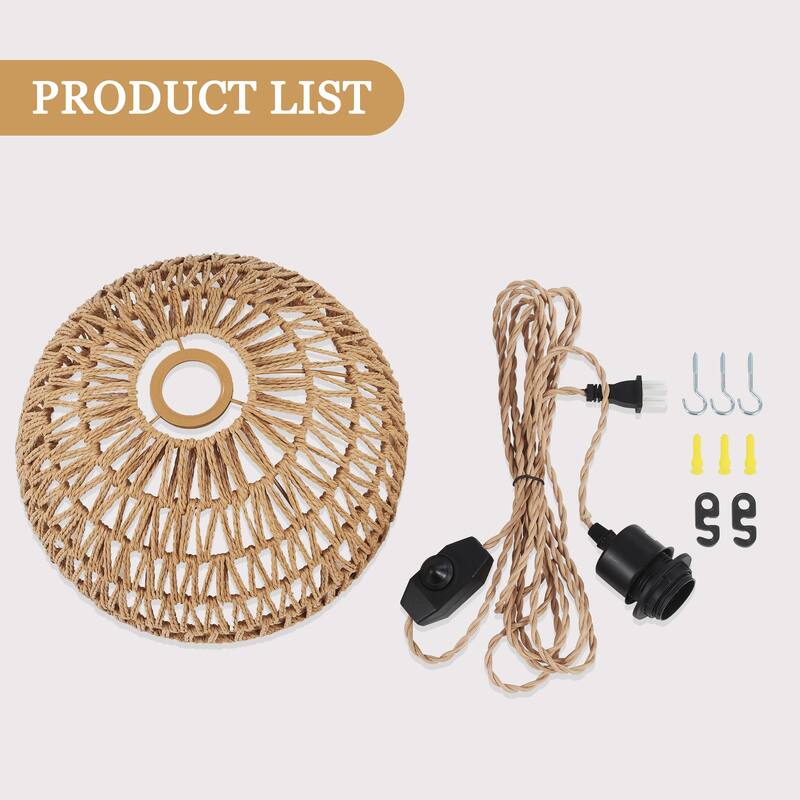 Plug in Handwoven Hemp Rope Lampshade Pendant Light with On/Off Switch