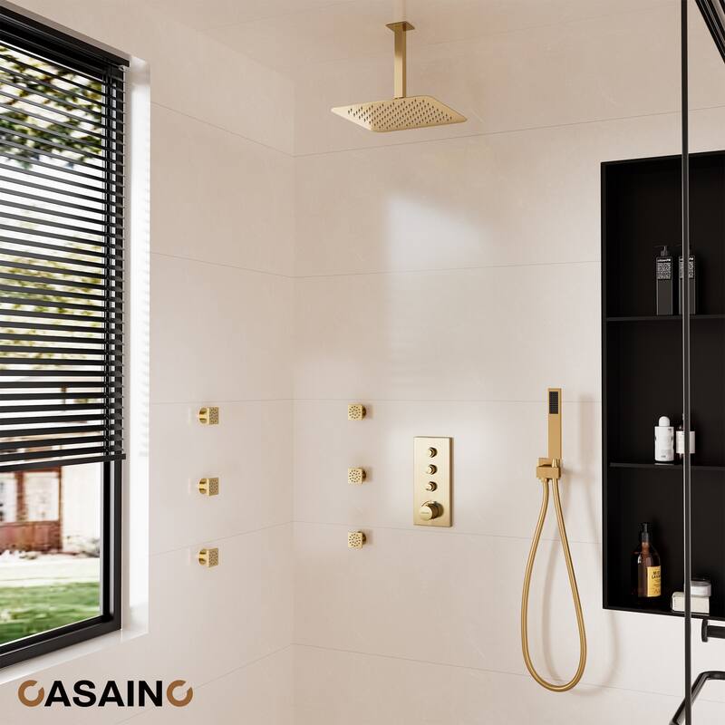 Luxury Thermostatic Shower System 1-Spray Patterns Ceiling Mount Fixed Shower Head and Handheld Spray with 6 Body Jets