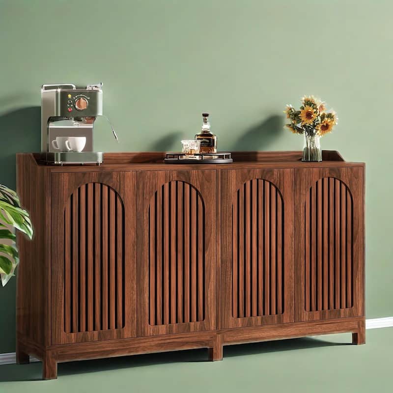 57" Kitchen Storage Cabinet with Vintage Shutter Doors and Adjustable Shelves Solid Wood Legs - 57" L x 13.8" W x 33.4" H