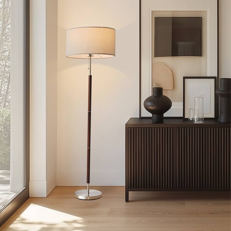 Brightech Carter 65 in. Walnut Brown Mid-Century Modern LED Super Bright Floor Lamp with Beige Fabric Drum Shade