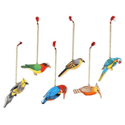NOVICA Festive Birds, Wood ornaments (set of 6)