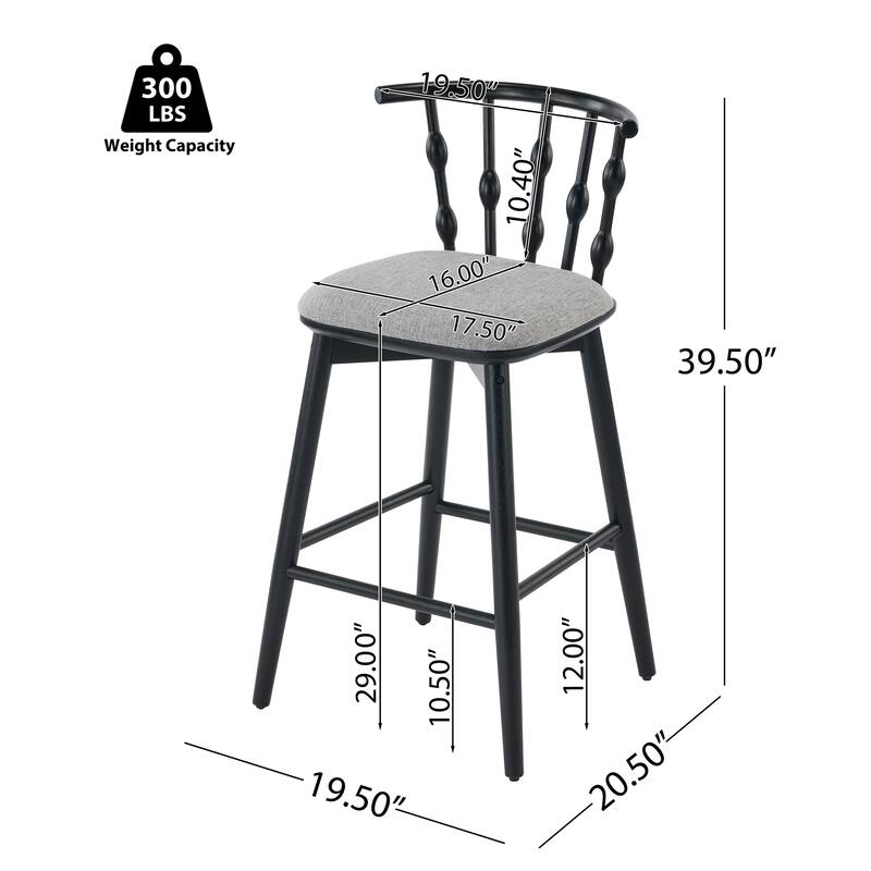 Doria Indoor Wooden Barstool, Black Finish With Grey Upholstery, Set of 2