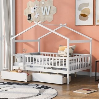 White Full Size Wooden House Bed with Two Drawers and Roof for Kids, Boys and Girls, Bedroom