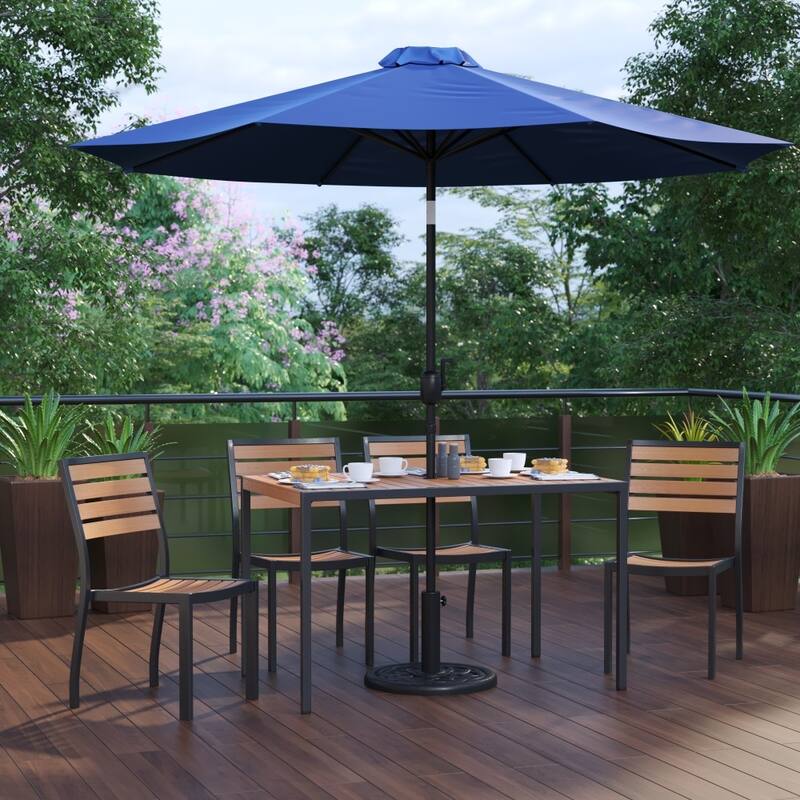 Faux Teak Patio Table, 4 Chairs & 9FT Patio Umbrella with Base - Navy