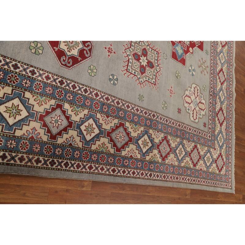 Gray Geometric Kazak Oriental Area Rug Handmade Wool Carpet - 9'11"x 13'3"