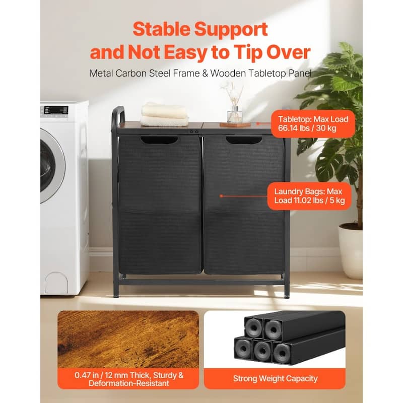 Black 24-Gallon Laundry Sorter with 2 Compartments and Metal Frame Removable Bags - 26.30 x 12.99 x 27.95 in