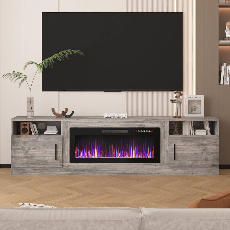 BOSSIN 80" Modern Electric Fireplace TV Stand with 20-Color LED Lights, Fits Up to 90" TV, Adjustable Shelves & Storage Cabinets