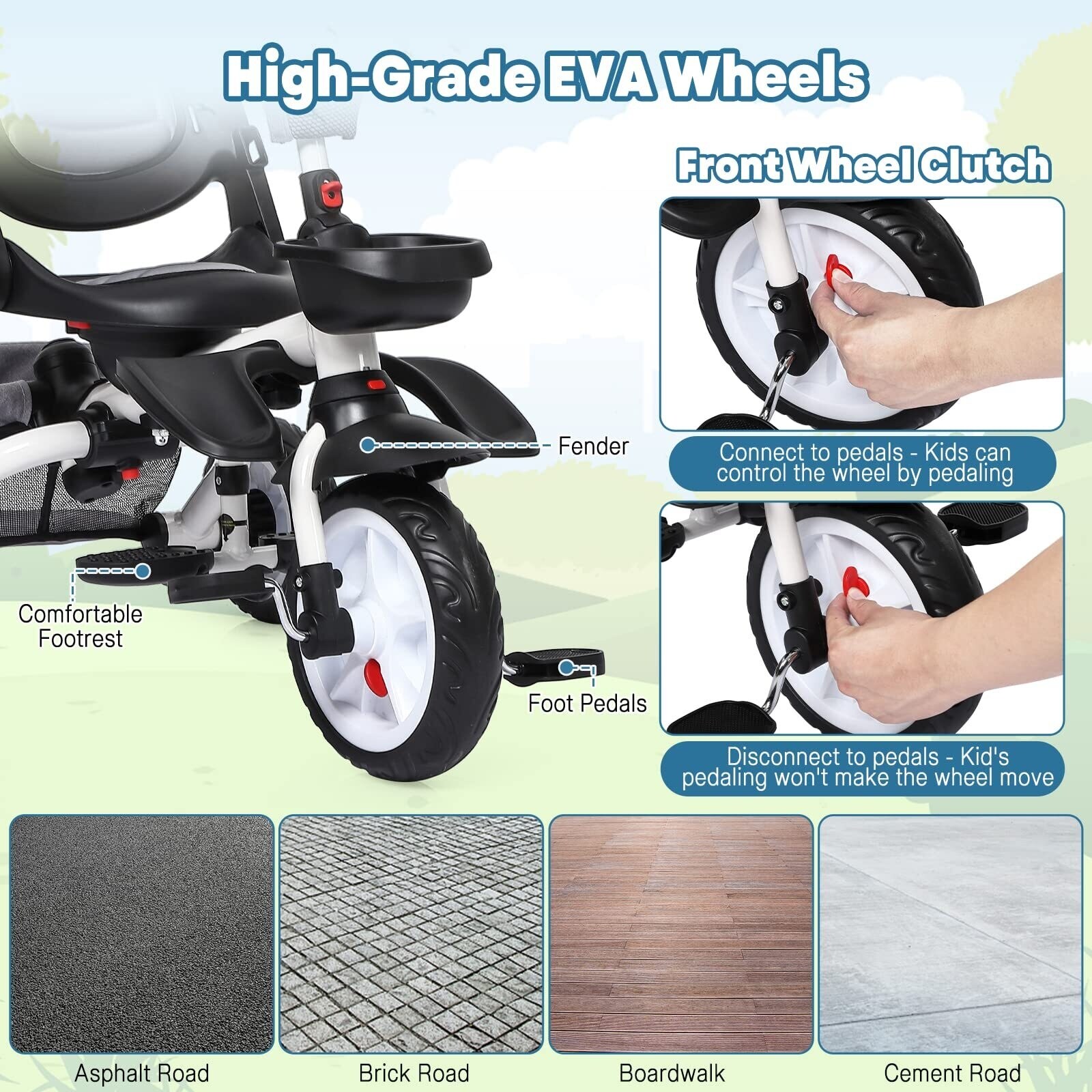 Baby Tricycle 7 in 1 Folding Toddler Bike w Removable Adjustable Push Handle Black