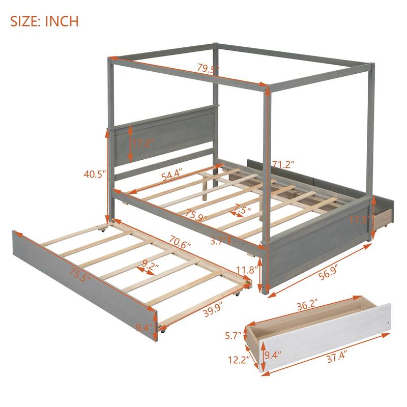 Wood Canopy Bed with Trundle Bed and two Drawers, Canopy Platform bed With Support Slats .No Box Spring Needed