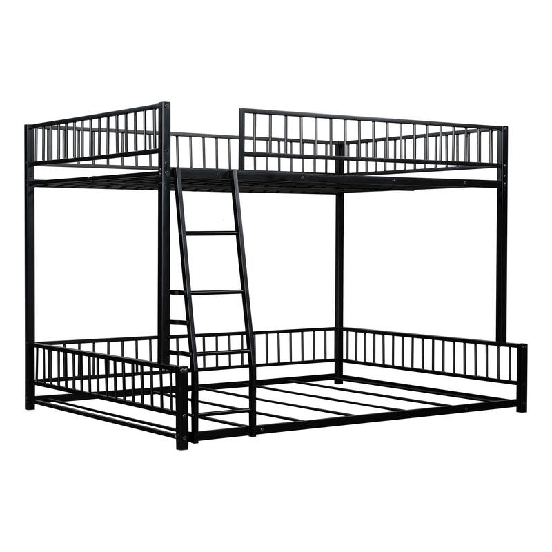Full XL over Queen Metal Bunk Bed with Ladder and Safety Guardrails, Space-Saving Design, Black