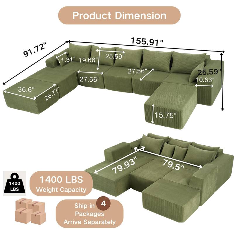 GDFStudio - 8-Piece Modular U-Shaped 155" Sectional Sofa with Chaise Lounge and Bed