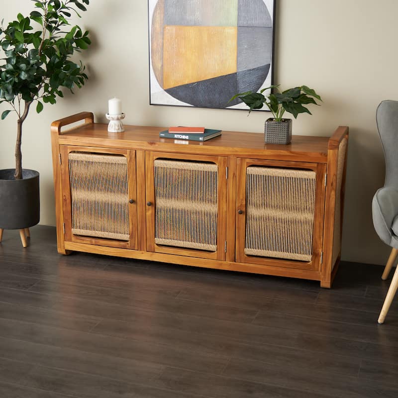 Teak Wood Handmade 3 Door Cabinet with Rattan Front and Sides - Brown - Roche River Decor - 18"W x 63"L x 32"H