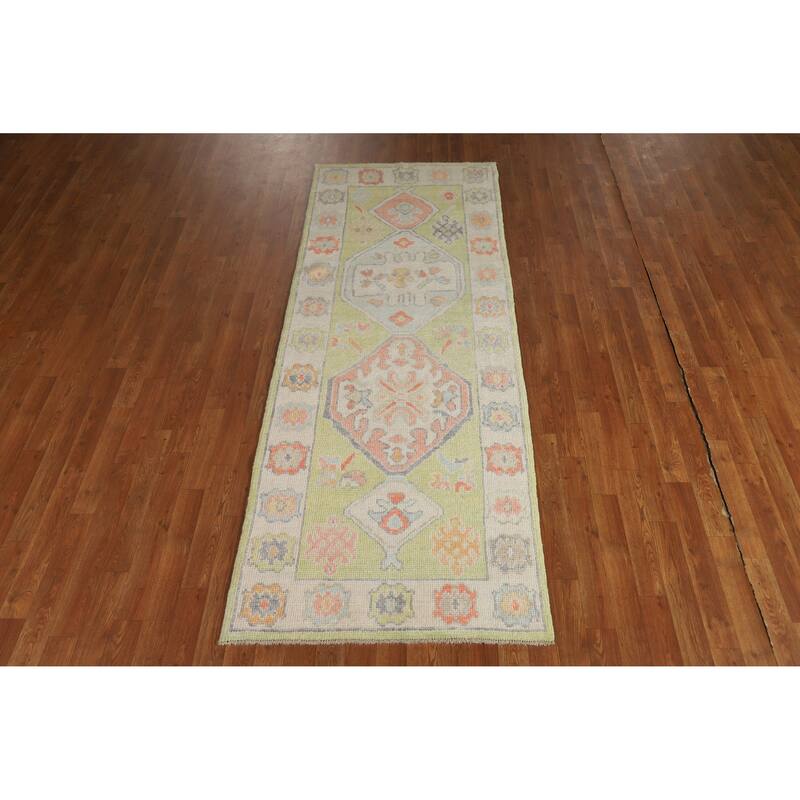 Hand Knotted Oriental 100% Wool Carpet Transitional Geometric Green Oushak Runner Rug - 8' 3'' X 3' 1''