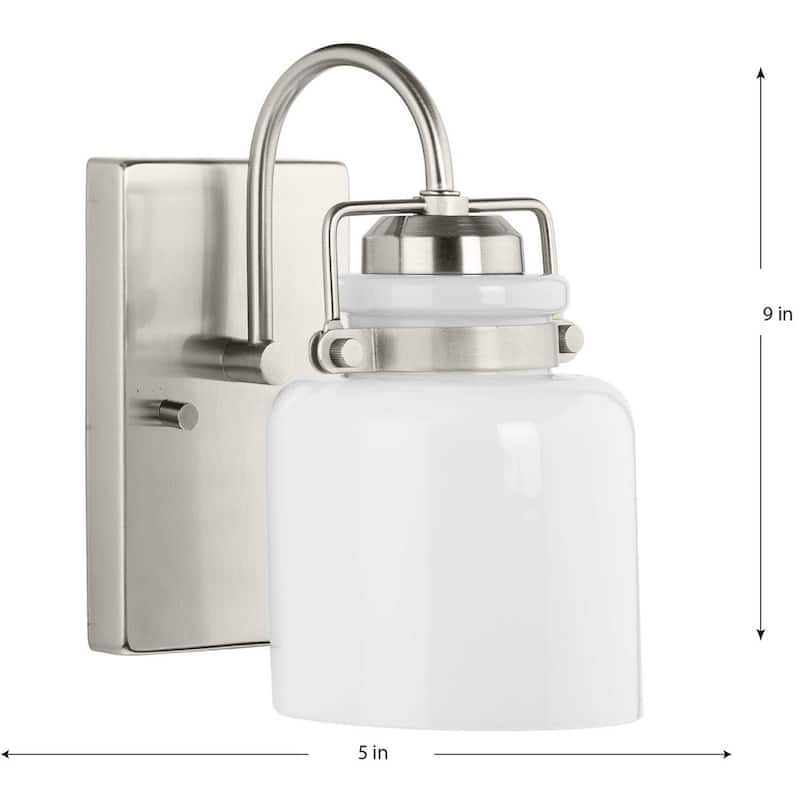 Fessler Collection One-Light Brushed Nickel Opal Glass Farmhouse Bath Light - 5 in x 7 in x 9 in