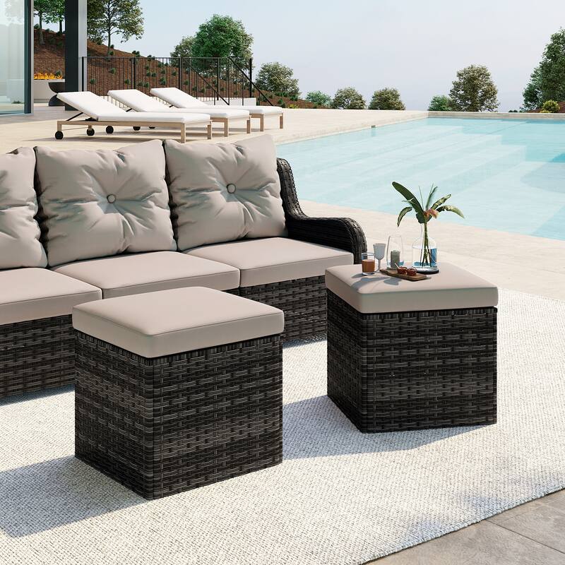 2 Set Outdoor 17.7" W Square Rattan Ottoman Patio Ottoman with Cushion