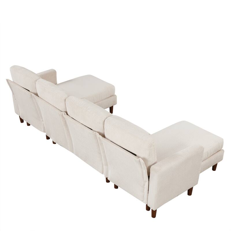 U-Shaped Corduroy Sofa with Solid Wood Legs and Sponge-Filled Cushions, Perfect for Living Rooms and Spacious Areas