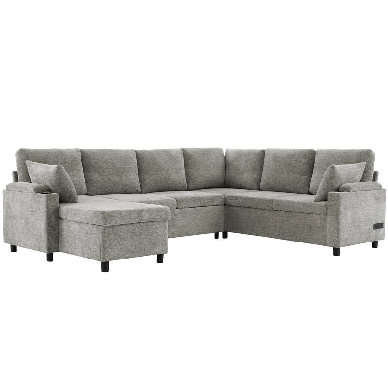 U-Shaped Chenille Sectional Sofa with Storage Chaise Lounge, Convertible Sleeper Sofa Bed with Cup Holders & Charging Ports