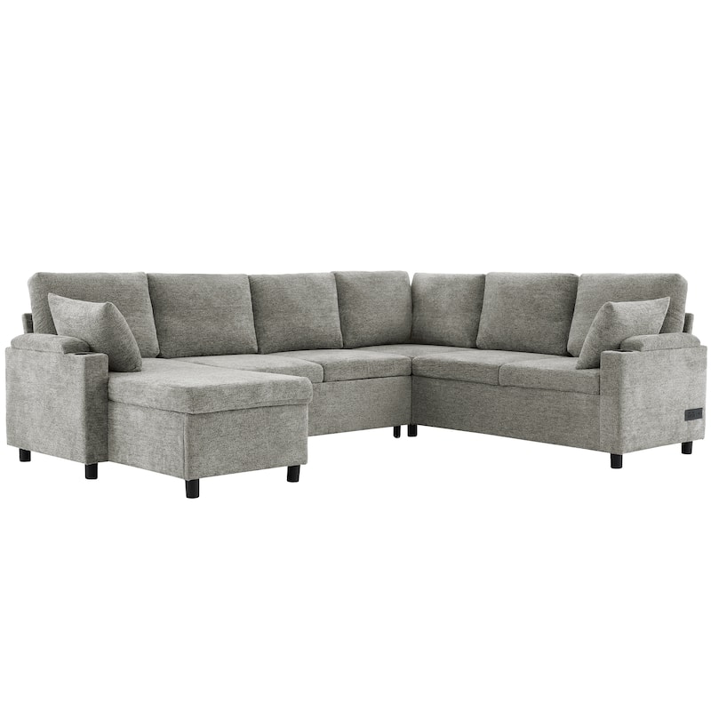 U-shaped Sofa, Chenille Sectional Sofa with 2 Cup Holders and Charging Ports Livingroom Sleeper Recliner Sofa Couch