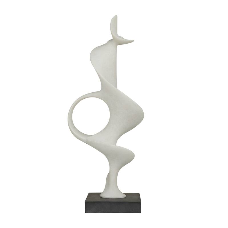 Contemporary White Polystone Abstract Sculpture with Black Base