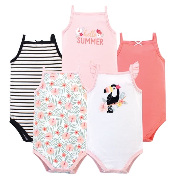 slide 1 of 1, Hudson Baby Infant Girl Cotton Sleeveless Bodysuits 5pk, Tropical Toucan 0-3 Months - Tropical Toucan