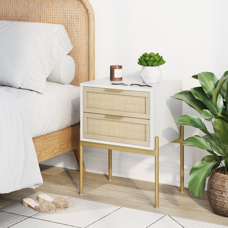 Nathan James Andrew Rattan End Side Table Storage Doors Gold Accents