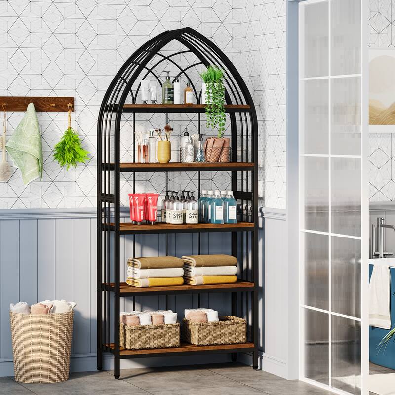 5-Tier Bookshelf Bookcase with Unique Bow Design Top for Home Office, Open Display Storage Shelf for Living Room