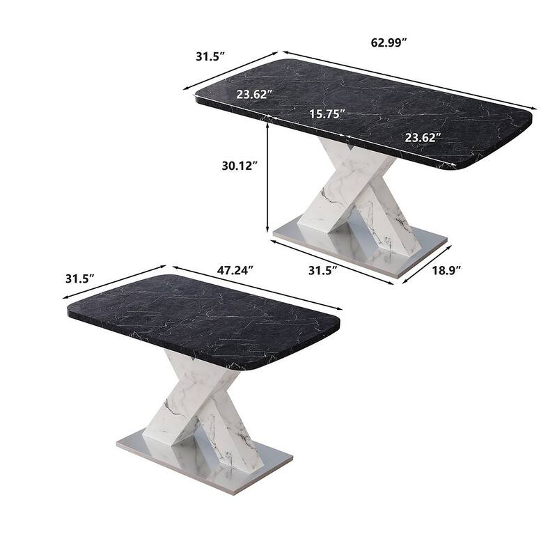 62.99" Faux Marble Rectangular Extendable Dining Table with X-Legs and Metal Base