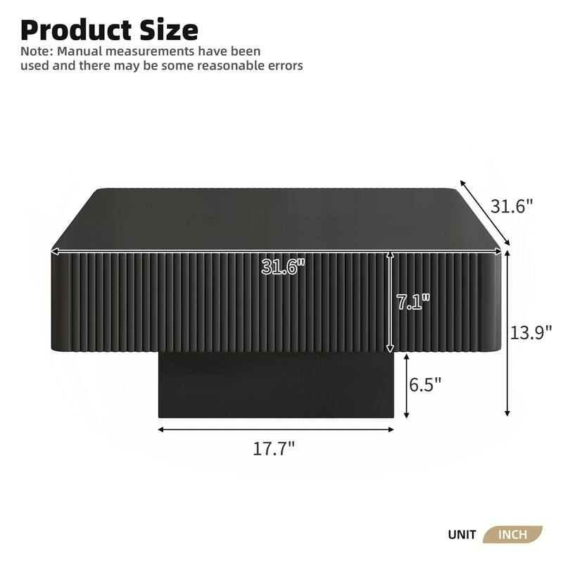 31.6" Elegant Square Fluted Coffee Table with 7.1" Thick Tabletop