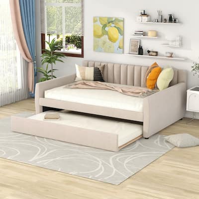 Roomfitters Full Size Upholstered Daybed with Trundle, Wood Slat Support and Soft Padded Frame