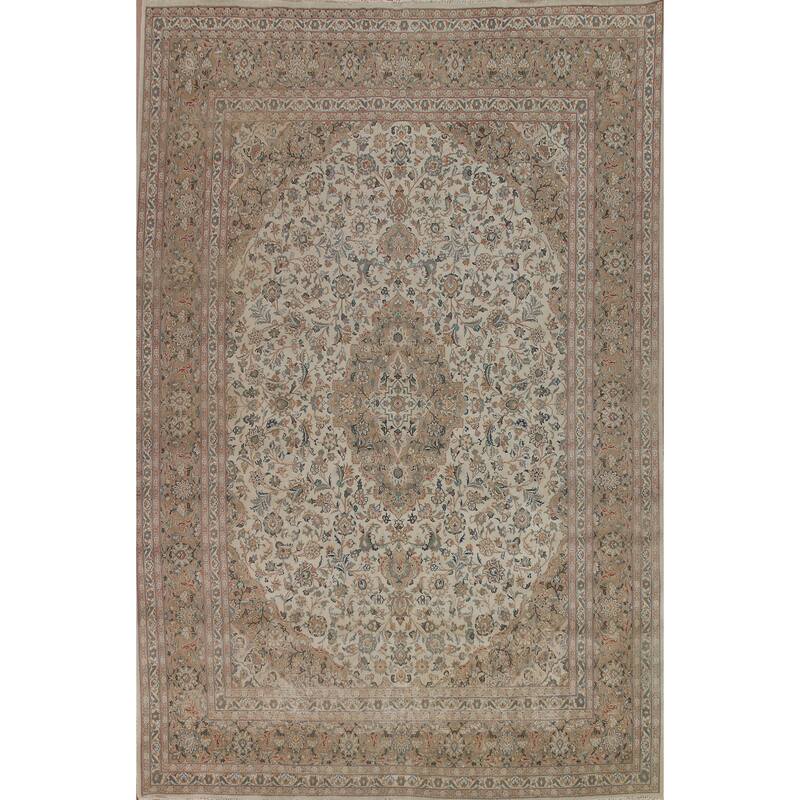 Hand Knotted Oriental 100% Wool Carpet Traditional Floral Beige & Ivories Kashan Area Rug - 12' 8'' X 9' 10''
