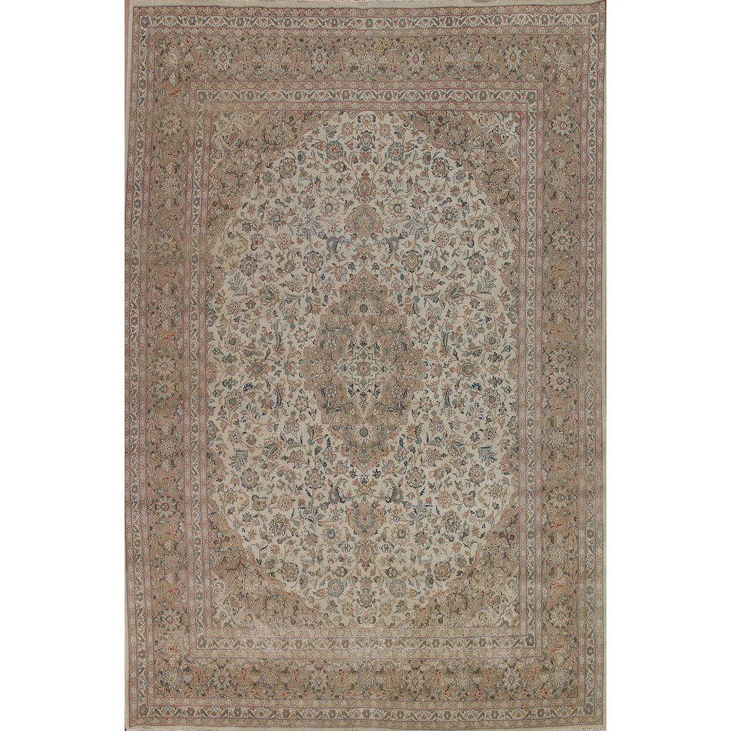 Hand Knotted Oriental 100% Wool Carpet Traditional Floral Beige & Ivories Kashan Area Rug - 12' 8'' X 9' 10''