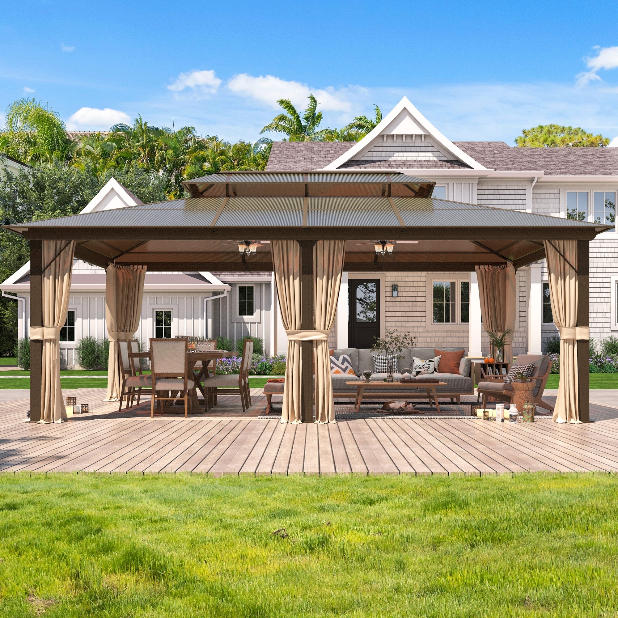 Permanent Hardtop Outdoor Double Roof Gazebo Pergola with Prime Netting and Curtains
