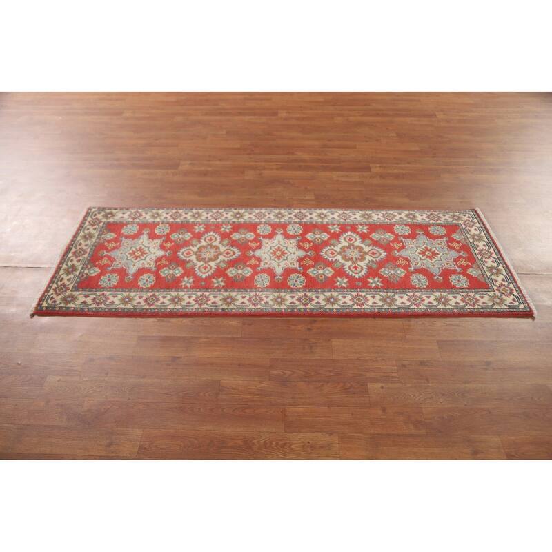 Geometric Kazak Runner Rug Hand-Knotted Traditional Red Wool Carpet - 2'1" x 5'10"