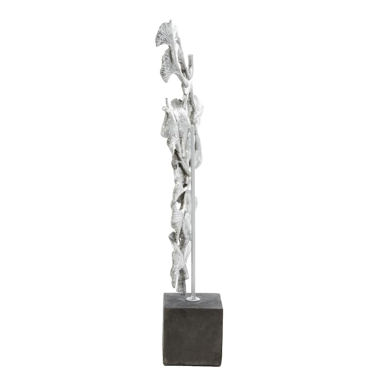 Silver Polystone Floral Decorative Sculpture with Black Block Base - 10 x 3 x 19