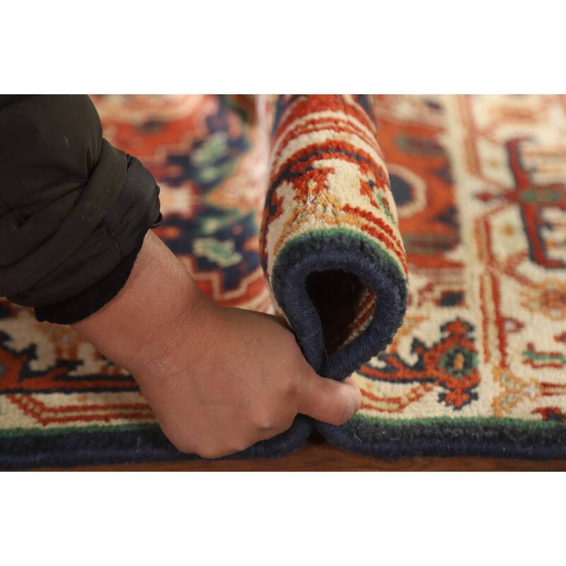 Hand Knotted Oriental 100% Wool Carpet Traditional Medallion Navy Blue & Blues Heriz (serapi) Area Rug - 3' 0'' X 2' 0''