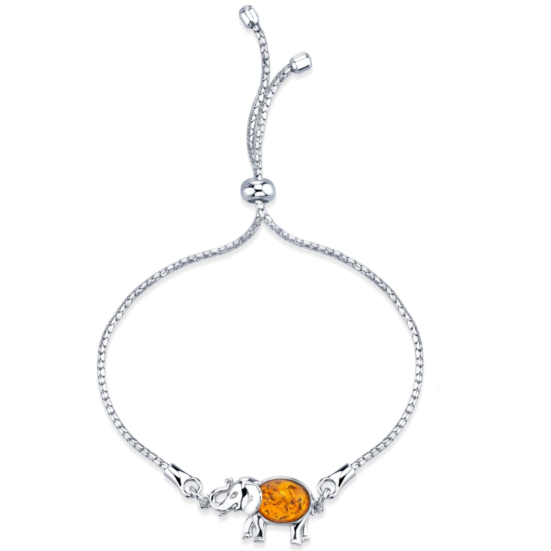 Oravo Sterling Silver Baltic Amber Elephant Charm Adjustable Bracelet