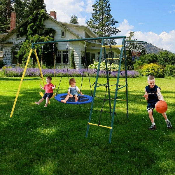 slide 2 of 7, Outdoor Backyard Playground Swing Set with Ladder and Basketball Hoop Kids - Swing Set - Blue