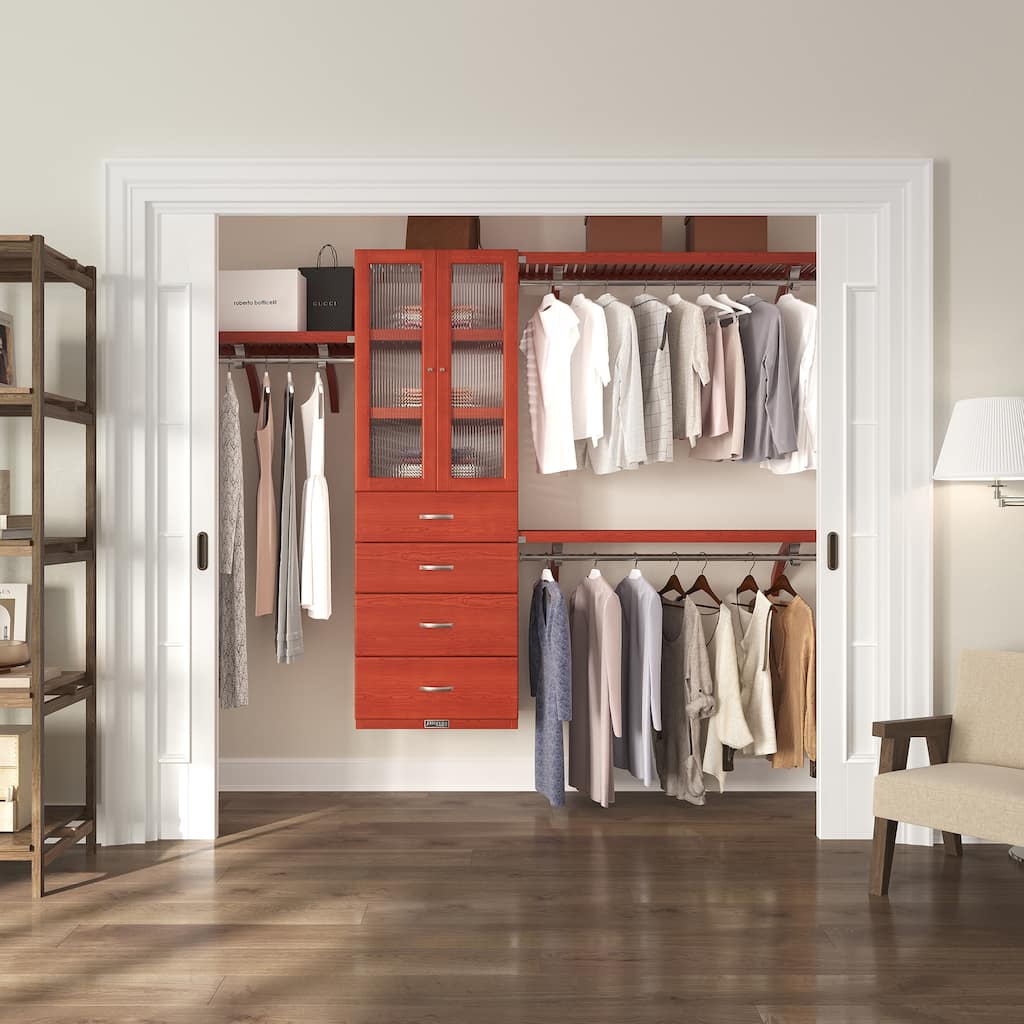 John Louis Home Solid Wood Walk-In Closet System with 4-Drawers and Doors Deluxe Red Mahogany