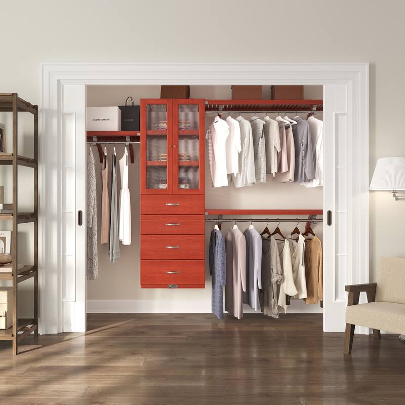 John Louis Home Solid Wood Walk-In Closet System with 4-Drawers and Doors Deluxe Red Mahogany