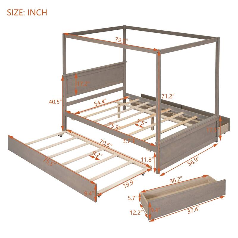 Merax Full Size Canopy Bed with Trundle Bed and two Drawers