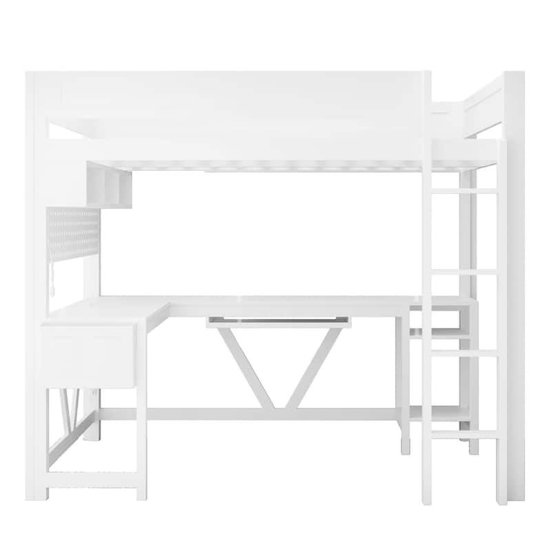 Wood Full Size Gaming Loft Bed Frame with Computer Desk, Grid Storage Panel, Storage Shelves, Cabinet, LED and Charging Station