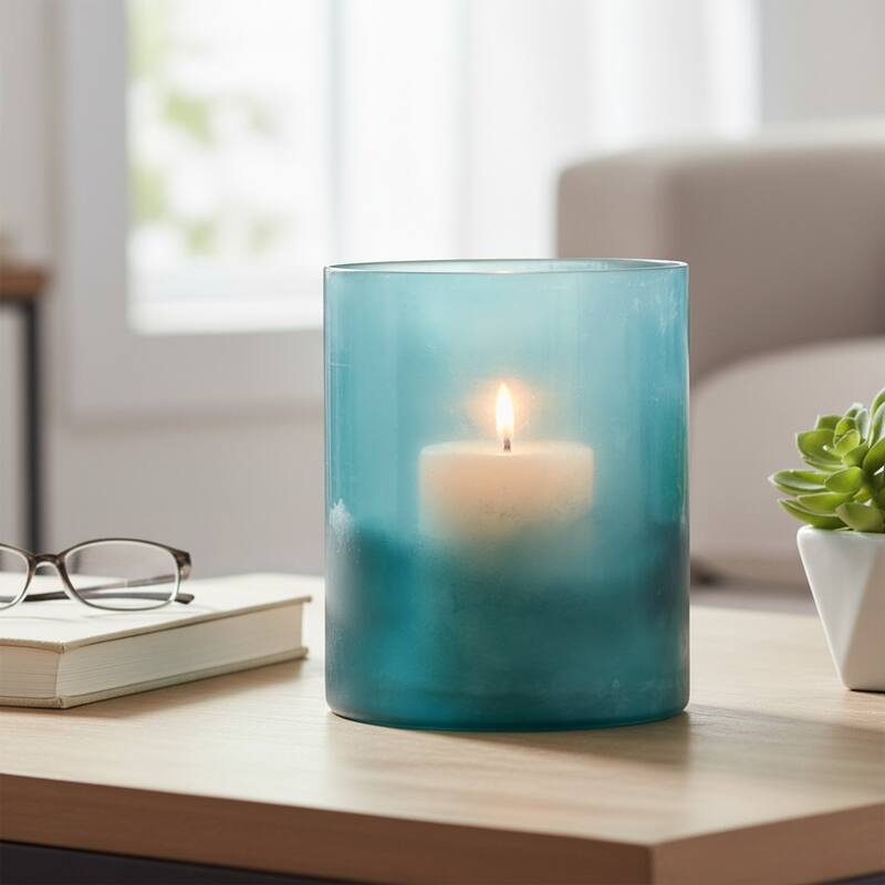 Glass Frosted Bottom Hurricane Candle Holder - Blue