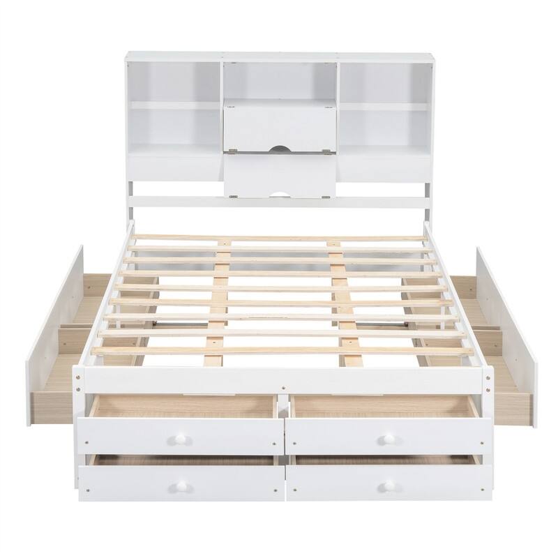 Queen/King Size Captain Bed with Storage Bookcase Headboard, Solid Wood Platform Bed Frame with 8 Storage Drawers and Slats