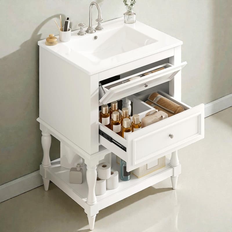 24" Bathroom Vanity with Ceramic Sink, Retro Open-Shelf Cabinet with 2 Drawers