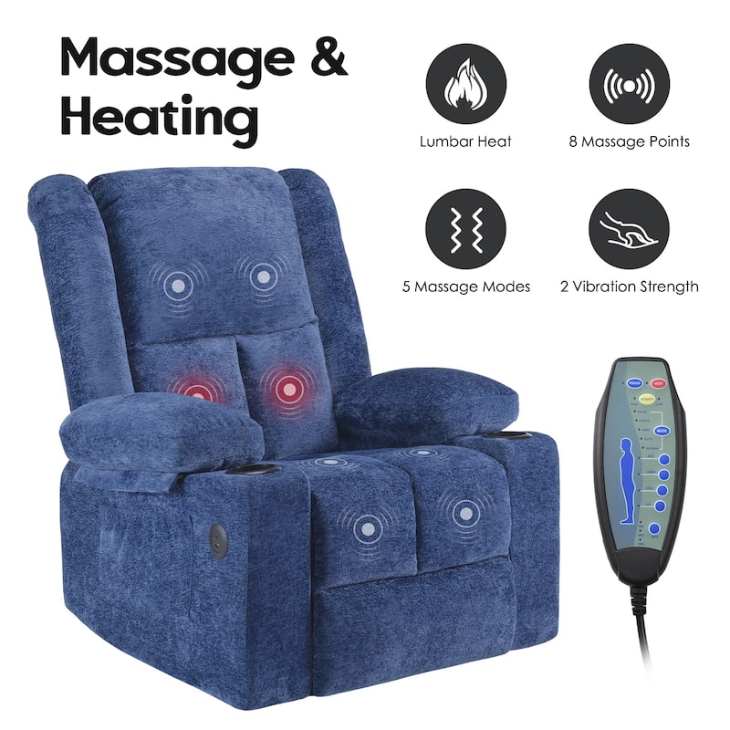 Power Lift Recliner Chair, Lounge Chaise Chair with Heat Functions, Massage Chair with USB Ports & Cup Holders
