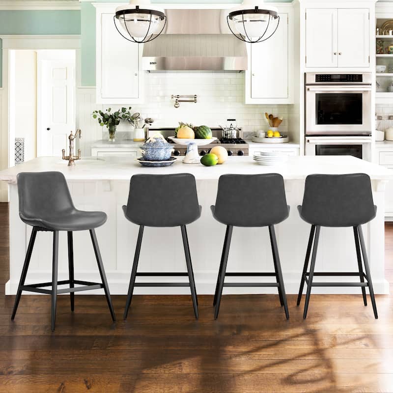 Modern Industrial Counter Stools Faux Leather Upholstered Counter Height Bar tools with Back - Set of 4 - Dark Grey-24 in. - Counter Height