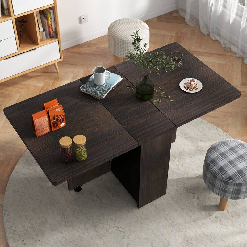Folding Dining Table with 2-Tier Storage Rack and Wheels - Brown