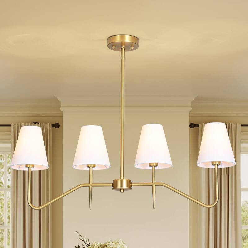 32.3" 4-Light Mid-Century Modern Gold/Black with Fabric White Cone Shades Kitchen Island Pendant Light